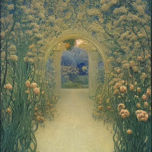 Prompt: a portal in a mysterious garden filled with spherical plants, artwork by jean delville, trending on art station