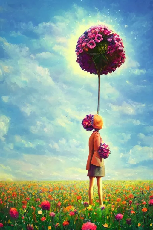 Image similar to closeup, giant flower head, girl in suit standing in a field of flowers, surreal photography, sunrise, blue sky, dramatic light, impressionist painting, digital painting, artstation, simon stalenhag