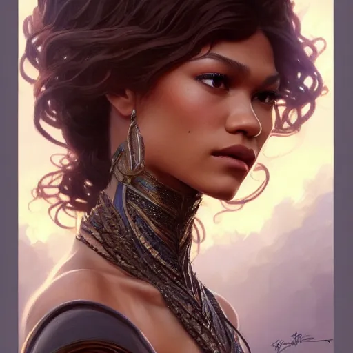 Image similar to beautiful zendaya, closeup, D&D, fantasy, intricate, elegant, highly detailed, digital painting, artstation, concept art, matte, sharp focus, illustration, art by Artgerm and Greg Rutkowski and Alphonse Mucha