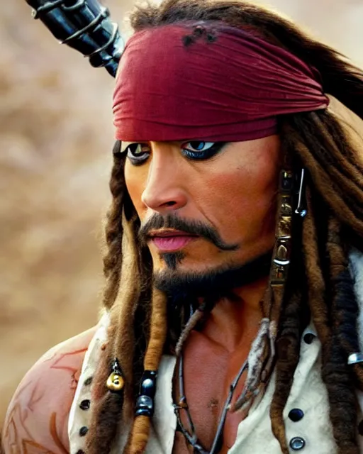 Image similar to Film still close-up shot of Dwayne Johnson as Captain Jack Sparrow from the movie Pirates of the Caribbean. Photographic, photography