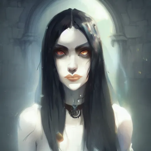 Image similar to female human vampire witch in the style of greg rutkowski, makoto shinkai, trending on artstation, character design, concept art, pretty face, highly detailed, long black hair, portrait, digital art