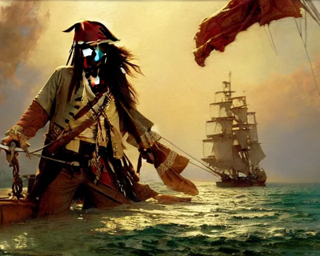 Image similar to jack sparrow sailing a ship, painting by gaston bussiere, craig mullins, j. c. leyendecker