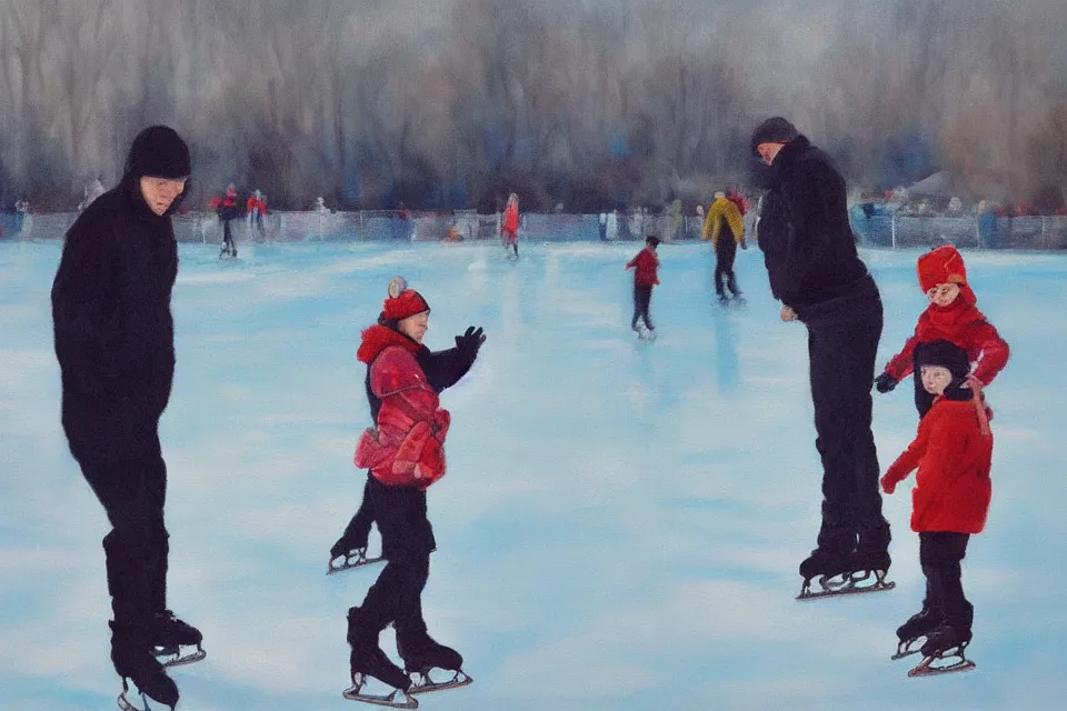 Image similar to “ice skating child and parent, surreal painting, wide angle”