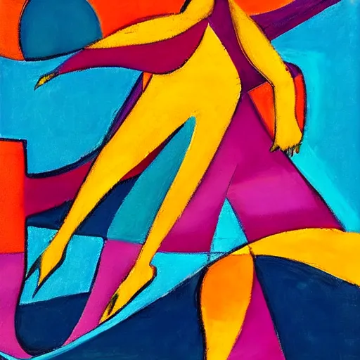 Image similar to woman woman dances by the ocean with her sisters at sunset , abstract art in the style of cubism and georgia o’keefe ,