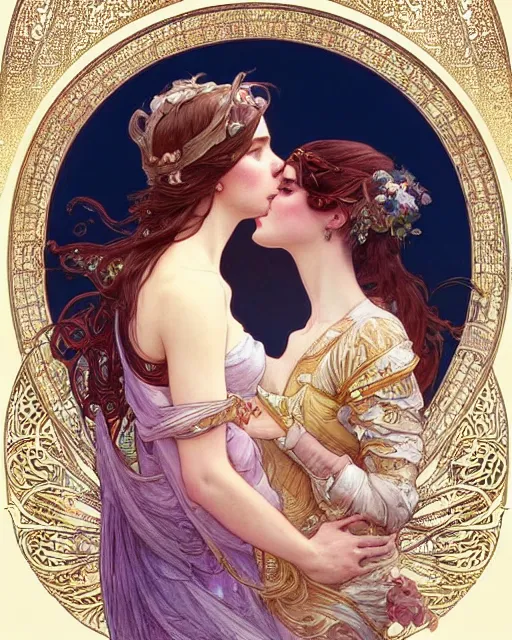 Prompt: the kiss | highly detailed | very intricate | art nouveau | gold filigree | romantic storybook fantasy | soft cinematic lighting | award - winning | watercolor illustration by mandy jurgens and alphonse mucha and alena aenami | pastel color palette | featured on artstation