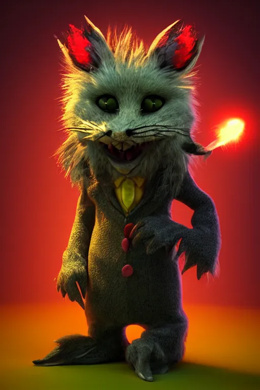 Prompt: 3 d model of adorable evil scary fur monster with glowing eyes by alexander jansson : 1 | centered, rainbow colored fur, matte background : 0. 9 | by jim henson : 0. 7 | dave melvin : 0. 4 | unreal engine, deviantart, artstation, octane, finalrender, concept art, hd, 8 k resolution : 0. 8