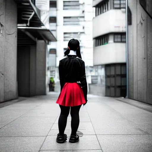 Image similar to cyberpunk ninja schoolgirl standing in tokyo japan, urban photography, candid, professional photography