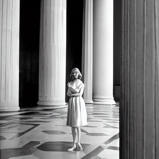 Prompt: 1 9 6 0 s movie still of emma stone in a gigantic neoclassical room with columns, cinestill 8 0 0 t 3 5 mm, high quality, heavy grain, high detail, panoramic, cinematic composition, dramatic light, ultra wide lens, anamorphic, flares