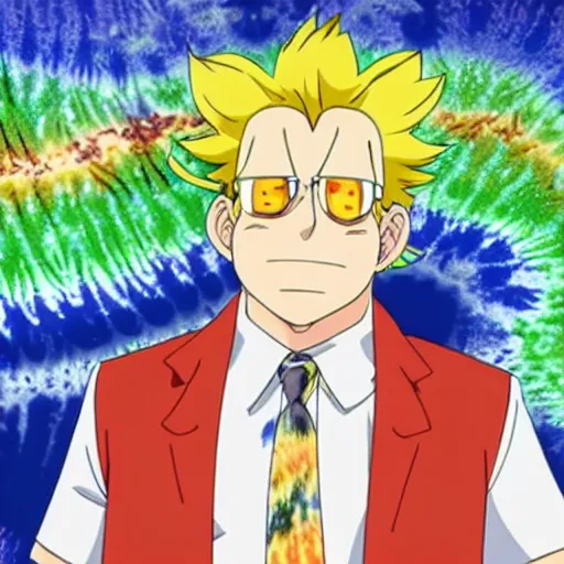 Image similar to A still of Jonah Hill with blonde hair wearing a tie dye t-shirt and a hat in One Piece Anime Series