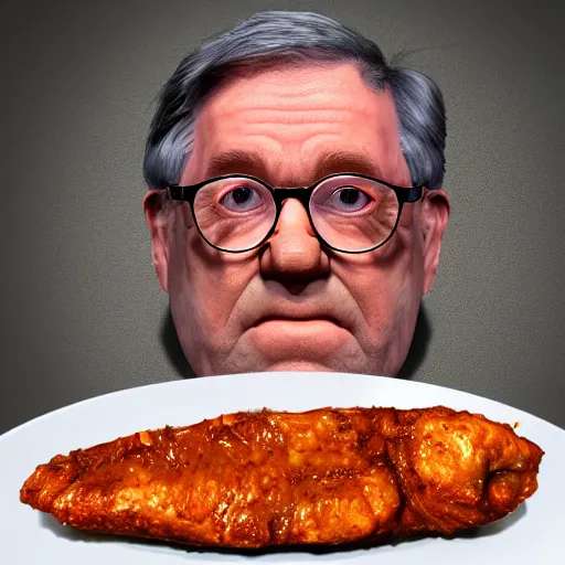 Image similar to bill barr face in a barbecued chicken piece!!!!, 8 k, ultra realistic details