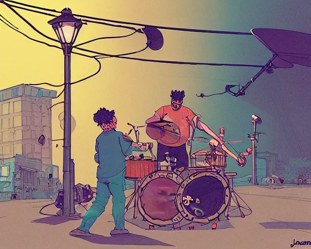 Image similar to a study of cell shaded cartoon of a two man band playing a microKorg synthesizer and drums floating above a country road, street lamps, road, illustration, wide shot, subtle colors, post grunge, concept art by josan gonzales and wlop, by james jean, Victo ngai, David Rubín, Mike Mignola, Laurie Greasley, highly detailed, sharp focus, Trending on Artstation, HQ, deviantart, art by artgem