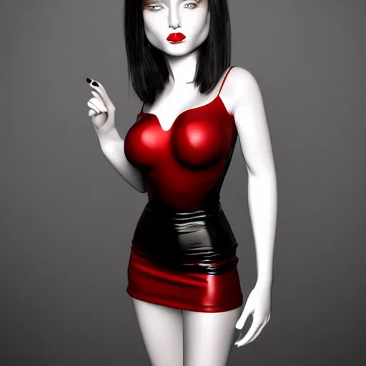 Prompt: complex 3 d render, ultra detailed, realistic photo of a beautiful porcelain skin woman, oval shape face, black long hair, full body, wearing dress, detailed almond eyes shape, red lipstick, plump lips, beautiful, studio photo, proportional