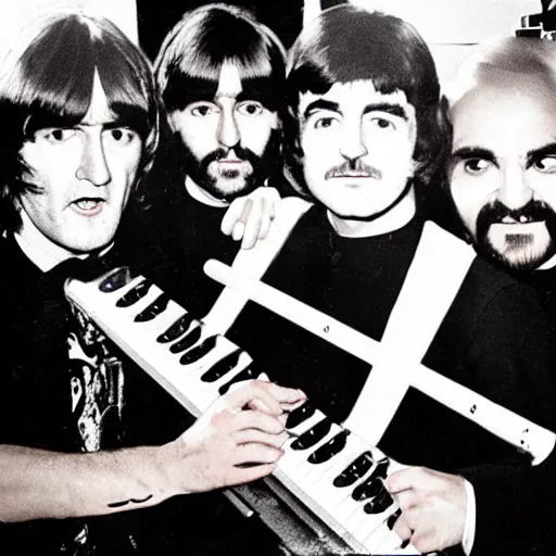 Image similar to Charles Manson playing keytar with The Beatles, flash photography, 8k