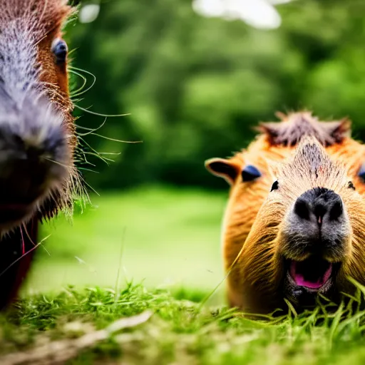 Image similar to cute capybara eating a nvidia gpu with cooling fans, chewing on a graphic card, wildlife photography, bokeh, sharp focus, 3 5 mm, taken by sony a 7 r, 4 k, award winning