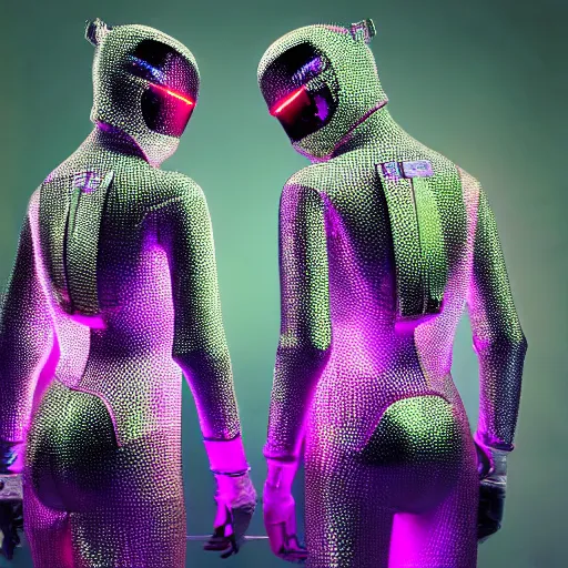 Prompt: love, diverse reactor cybersuits, from behind, power rituals, wide wide angle, vivid, elaborate, highly detailed, beautiful lighting