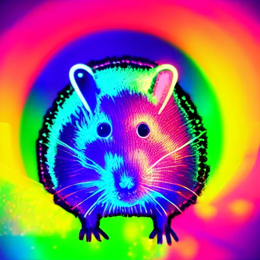 Prompt: cyberpunk hamster made of glowing rainbow neon lights, gems and crystals, light reflection, 8 k, hd, logo