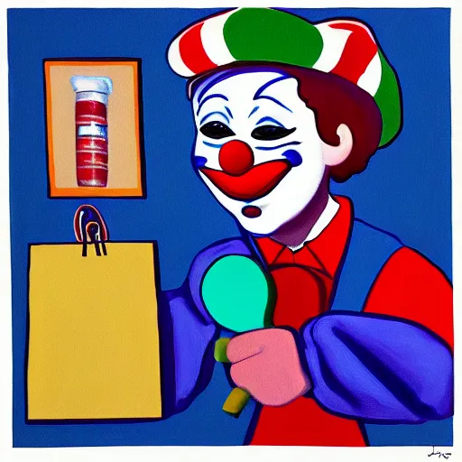 Prompt: a painting of a clown shoplifting from a drug store