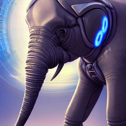 Image similar to hyper realistic futuristic cybertronic elephant. high details of body and face. complex realistic mechanical body. blue led. retro futuristic background cyberpunk style, natural realistic render, trending on art station, 8 k render alan lee, by artgerm.