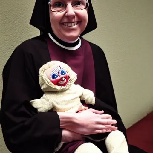 Image similar to a nun in church holding chucky the demonic killer doll on her lap