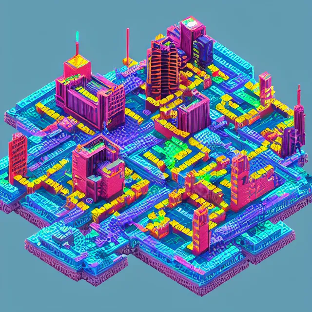 Image similar to voxel art of a cyberpunk blockchain city, chains connecting blocks, blockchain, symmetry, intricate, volumetric lighting, beautiful, rich deep colors masterpiece, sharp focus, ultra detailed, in the style of dan mumford and marc simonetti