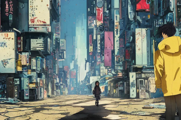 Image similar to incredible wide screenshot, ultrawide, simple watercolor, rough paper texture, ghost in the shell movie scene, backlit distant shot of girl in a parka running from a giant robot invasion side view, yellow parasol in deserted dusty shinjuku junk town, broken vending machines, bold graphic graffiti, old pawn shop, bright sun bleached ground, mud, fog, dust, windy, scary robot monster lurks in the background, ghost mask, teeth, animatronic, black smoke, pale beige sky, junk tv, texture, brown mud, dust, tangled overhead wires, telephone pole, dusty, dry, pencil marks, genius party,shinjuku, koji morimoto, katsuya terada, masamune shirow, tatsuyuki tanaka hd, 4k, remaster, dynamic camera angle, deep 3 point perspective, fish eye, dynamic scene