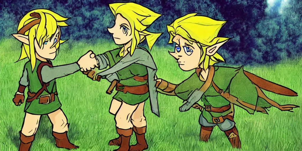 Prompt: link from legend of Zelda shaking hands with Einstein on a grassy field in by rule