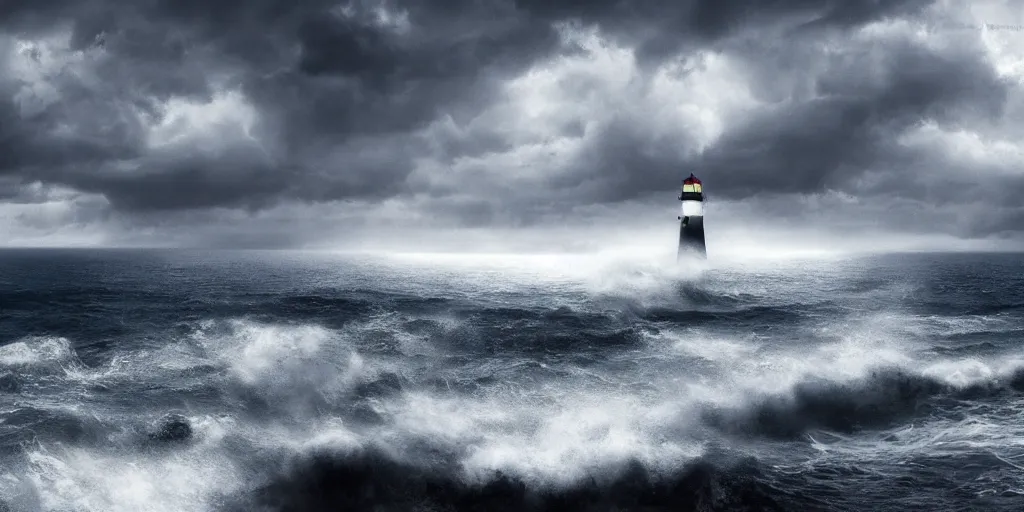 Prompt: stormy sea and dramatic sky, a lighthouse on a cliff, artstation, realistic, moody