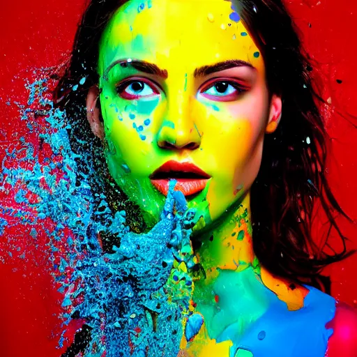 Image similar to potrait of a female model get splash with paint liquid , commercial ads