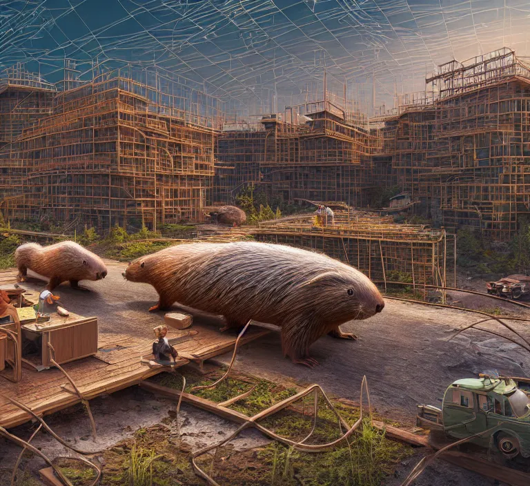 Image similar to hyperrealism photography hyperrealism concept art of highly detailed beavers builders that building highly detailed futuristic from far future city by wes anderson and hasui kawase and scott listfield sci - fi style hyperrealism rendered in blender and octane render volumetric natural light