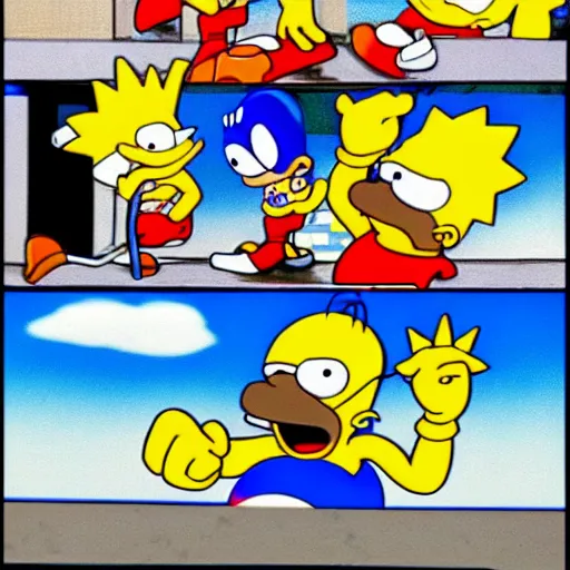 Prompt: sonic punches homer simpson while bart shoots at sonic.