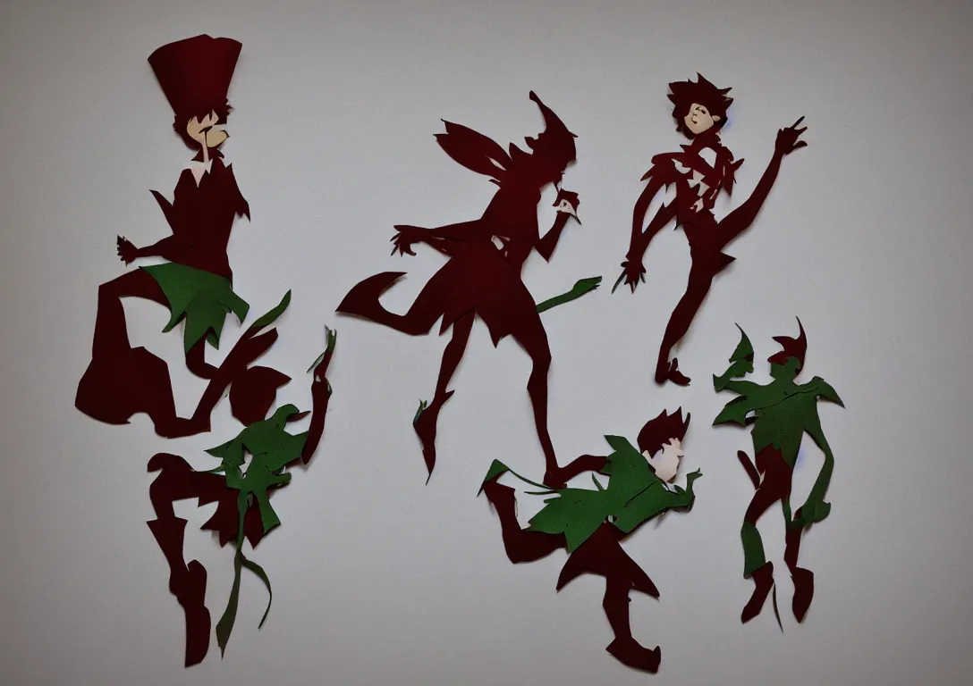 Image similar to a simple cut paper sculpture of peter pan and captain hook