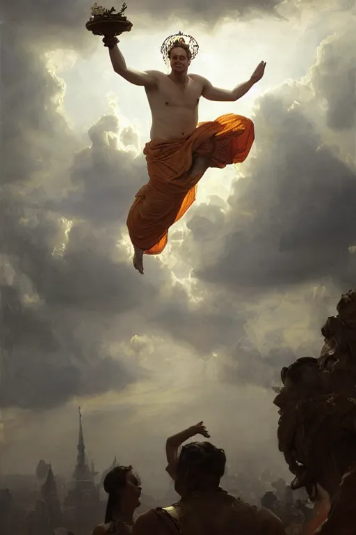 Image similar to beautiful oil painting portrait of ancient roman god emperor steve buscemi floating in the air wearing the civic crown levitating and ascending in a religious pose, ascension, art by anders zorn, wonderful masterpiece by greg rutkowski, expressive brush strokes, beautiful cinematic light, american romanticism by greg manchess, jessica rossier