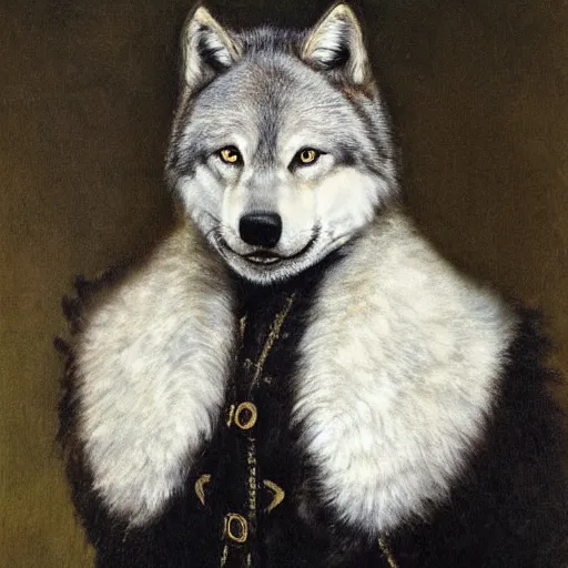 Prompt: a portrait of an anthropomorphic wolf wearing a black doublet, furry fursona, victorian era masterwork, by samuel luke fildes, painting