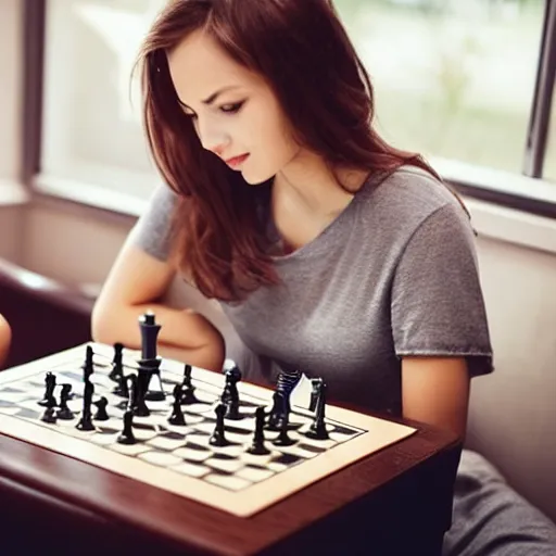 Prompt: beautiful girlfriend playing chess