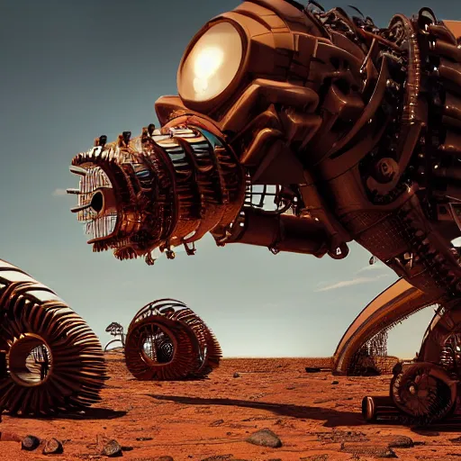 Prompt: giant robotic steampunk centipede in a desert, extremely detailed, hdr, unreal engine, robotic, retro, beautiful, sunny, intense, cinematic lighting,
