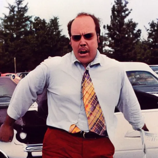 Image similar to a deteriorating color photo from 1 9 7 2 of a persistent used car salesman that looks like a cross between bill burr and fred savage with his hand on a junker car