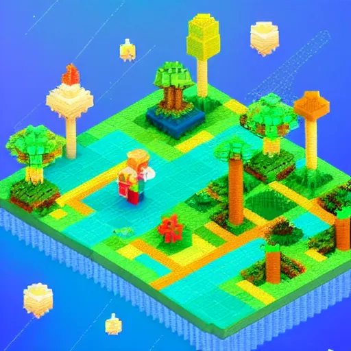 Image similar to isometric pixel voxel art fairy forest surrounded by ocean beautiful aesthetic