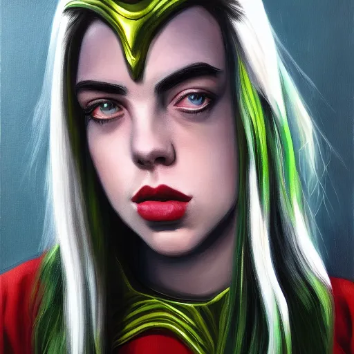 Image similar to Billie Eilish as female loki, oil on canvas, noir, trending on artstation