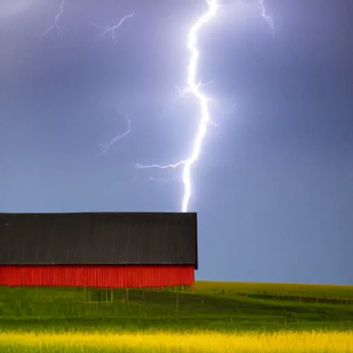 Image similar to lighting strikes at barn in the open fields, complementary colors