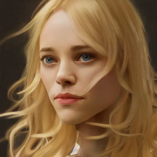 Image similar to Young blonde Rachel McAdams with thin lips, highly detailed, digital painting, artstation, concept art, smooth, sharp focus, illustration, ArtStation, art by artgerm and greg rutkowski and alphonse mucha and J. C. Leyendecker and Edmund Blair Leighton and Katsuhiro Otomo and Geof Darrow and Phil hale and Ashley wood and Ilya repin and Charlie Bowater