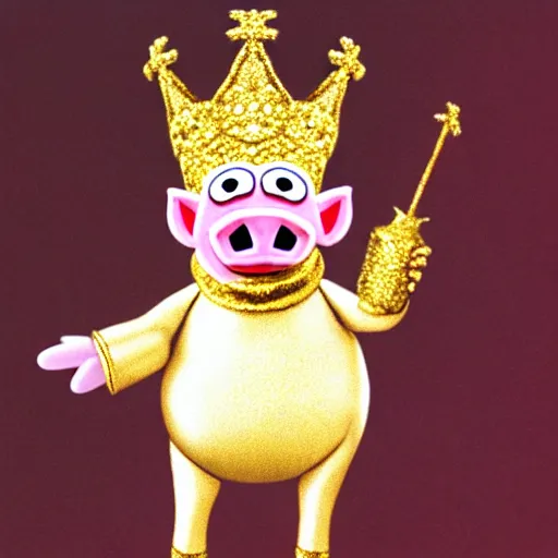 Image similar to a pig wearing a gold crown depicted as a muppet