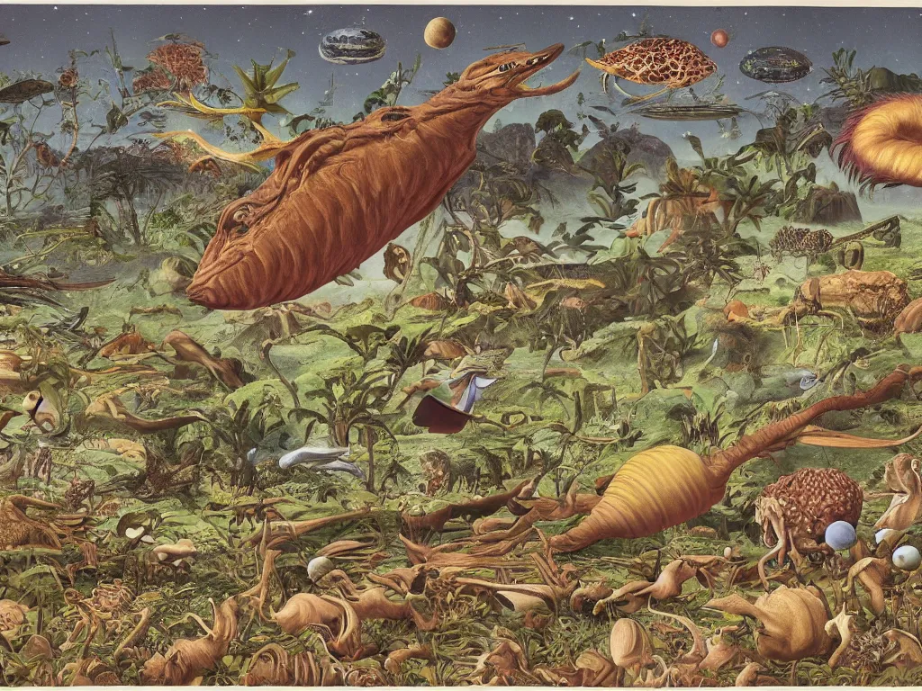 Image similar to fauna on venus ten million years ago. painting by walton ford, codex seraphinianus