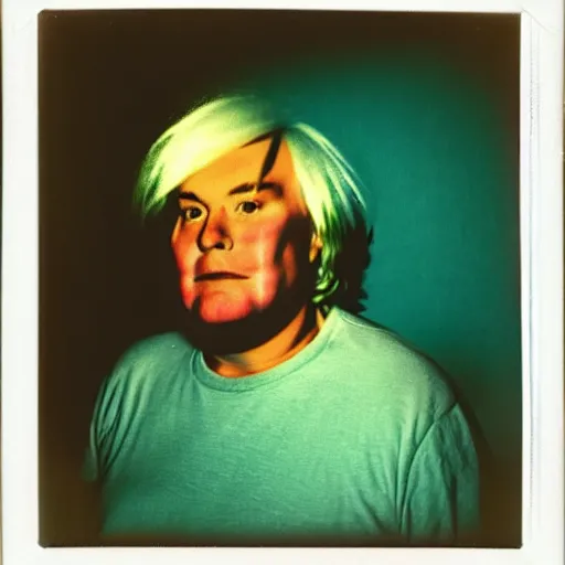 Image similar to color polaroid portrait of a fat man as taken by andy warhol. photography, instant photography, color accurate, photographer, film, integral print, studio. no marilyn monroe, no paint.