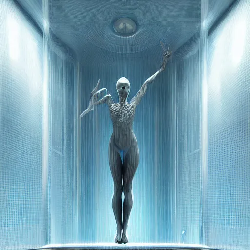 Prompt: female suspended weightless in water inside glass tank. wearing light blue complex hyperdetailed technical suit. white hair flowing. reflection. rays and dispersion of light. volumetric light. 5 0 mm, f / 3 2. noise film photo. ultra realistic, wide angle. wayne barlowe, hajime sorayama aaron horkey, craig mullins