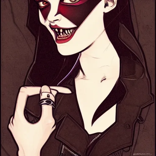 Prompt: pretty female Samara Weaving vampire, Jamie McKelvie comic art, art nouveau, Peter Mohrbacher, Alphonse Mucha, sharp vampire teeth, sarcastic smile, symmetrical eyes, symmetrical face, brown leather jacket, jeans, long black hair, full body