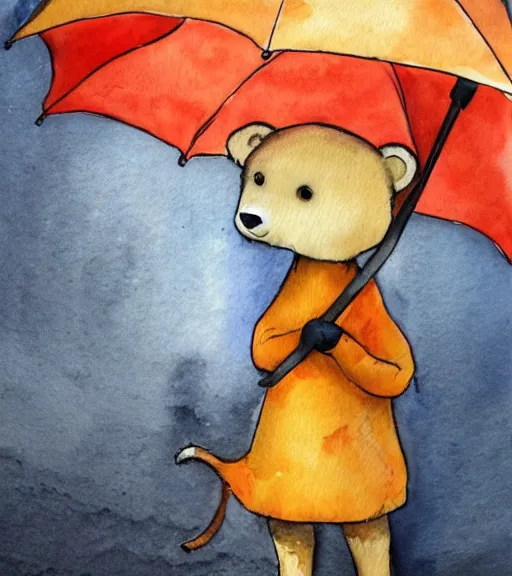 Prompt: autumn a bear with an umbrella cartoon watercolor trending on artstation