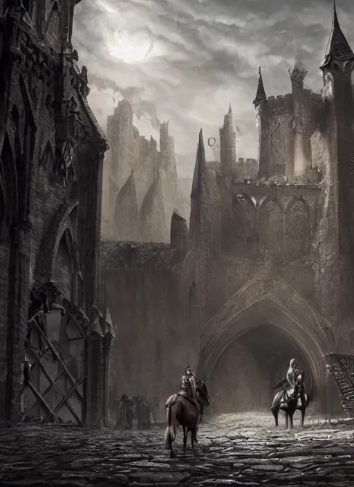 Image similar to knight on his horse stranding infront of a huge medieval castle gate, gothic, brutalist architecture, dramatic lighting, cinematic, establishing shot, extremly high detail, foto realistic, cinematic lighting, post processed, concept art, artstation, matte painting, style by eddie mendoza, raphael lacoste, alex ross