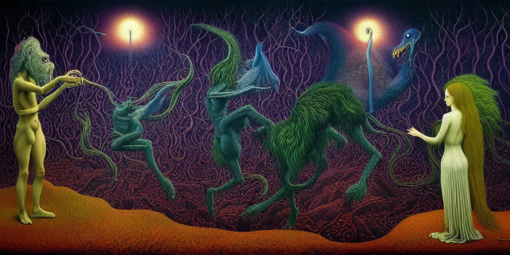 Image similar to mythical creatures and monsters in the imaginal realm of the collective unconscious, in a dark surreal painting by johfra and ronny khalil