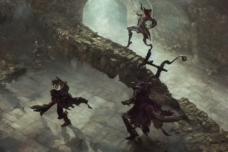 Prompt: a man tripping over a sword in an arena, fantasy, digital art, tone mapping, akihiko yoshida, james jean andrei riabovitchev marc simonetti, yoshitaka amano, greg rutkowski