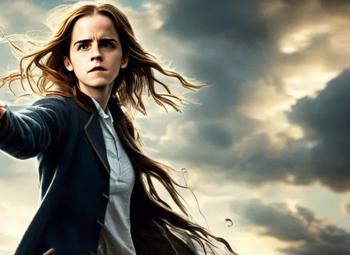 Image similar to film still. screenshot. emma watson as hermione granger. pointing her wand. action scene. slight motion blur. during golden hour. cinematic lighting. directed by christopher nolan and denis villeneuve. extremely detailed. 4 k.